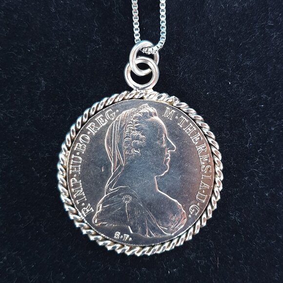 Vintage Sterling Empress Maria Theresa Coin Statement Necklace – 1780 Restrike - Picture 1 of 13